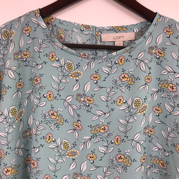 Loft Women’s Aqua Floral Print Mixed Blouse Size XS Blouson Sleeves - Picture 5 of 10